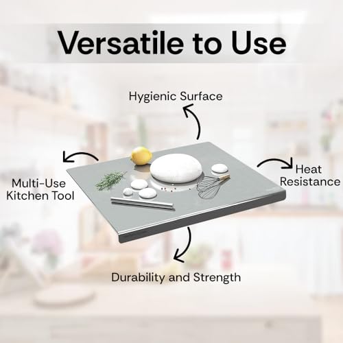 Image of Herrlich Homes Premium 304 Stainless Steel Chopping Board with Lip for Kitchen | 60 x 45 cm | Free Rollin Pin | for Cutting Vegetables, Fruits, Meat | Doughknead Board | Durable | X-Large