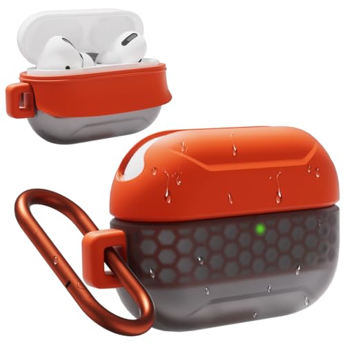 KINOVEX Waterproof Case for AirPods Pro and AirPods Pro 2 Wireless and USB-C Charging Compatible, One Piece Design, High Drop Protection Case with Carabiner (Orange+Grey)