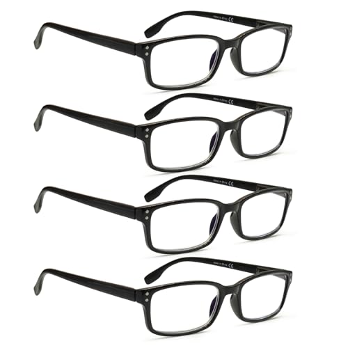 Image of Kerecsen 4 Pack Reading Glasses for Men and Women with Spring Hinges, Lightweight Black Rectangular Readers Eyeglasses (4BLACK, 1.25, x)
