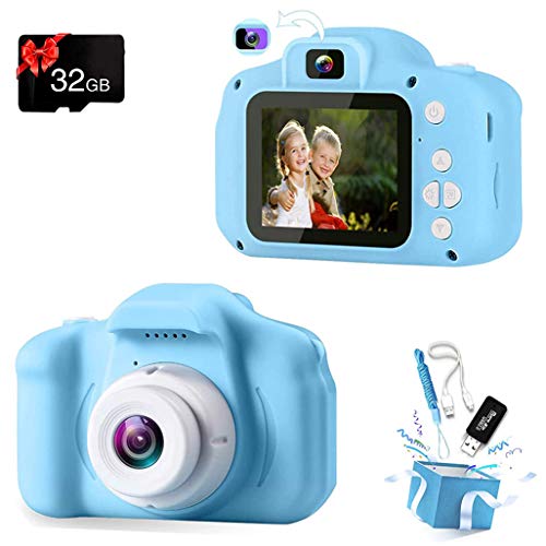 Podokas Kids Camera Selfie Dual Lens Shockproof Digital 1080P HD Video Camcorder, Charming Christmas Birthday Gifts for Boys Toddler Age 3-10 Portable Game Toys with 32G SD Card (Blue)
