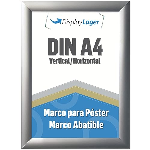 DisplayLager - Marco plegable A4 plateado con perfil de aluminio de 25 mm, disco protector antirreflectante, material de fijación