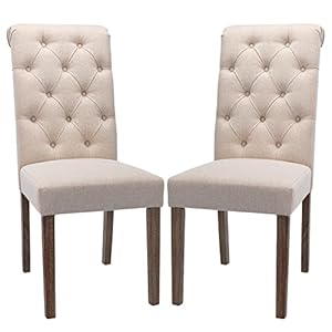 COLAMY Tufted Dining Room Chairs Set of 2, Accent Parsons Diner Chairs Upholstered Fabric Side Stylish Kitchen Chairs with Solid Wood Legs and Padded Seat – Beige