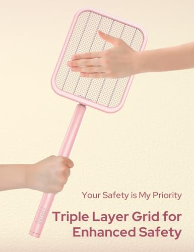 Image of CostarMatter 3500V Foldable Electric Mosquito Bat - UV Purple Light, Rechargeable Handheld Extendable Electric Fly Swatter Up to 78CM, 1200mAh Lithium-ion Battery Mosquito Killer Lamp for Home (Pink)