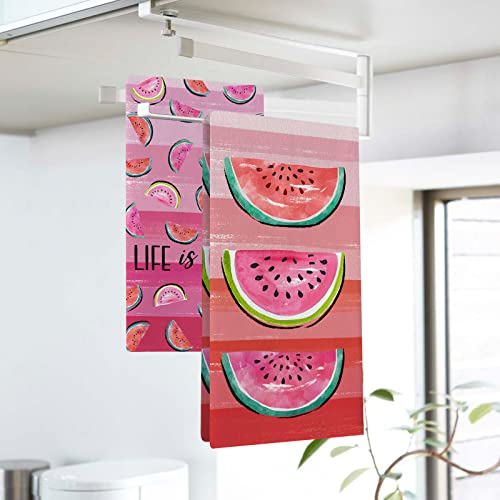 Seliem Summer Life Is Sweet Watermelon Kitchen Dish Towel Set Of 2, Red Pink Stripes Hand Towel Drying Baking Cooking Cloth, Spring Seasonal Farmhouse Home Kitchen Decor 18X26 Inch #TOP6