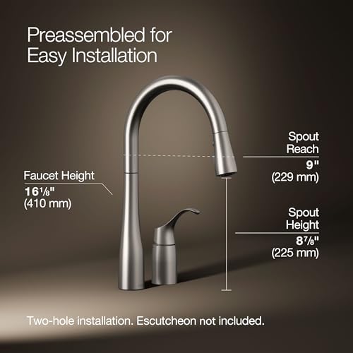 Image of KOHLER K-647-VS Simplice Pull-Down Kitchen Faucet with Side Handle Control, Kitchen Sink Faucet with Pull-Down Sprayer, Vibrant Stainless