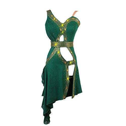 NAKOKOU Women Rhinestone Competition Practice Dance Wear Backless Latin Dance Dress Salsa Tango Chacha Ballroom Competition Dress Green(Green,XL)