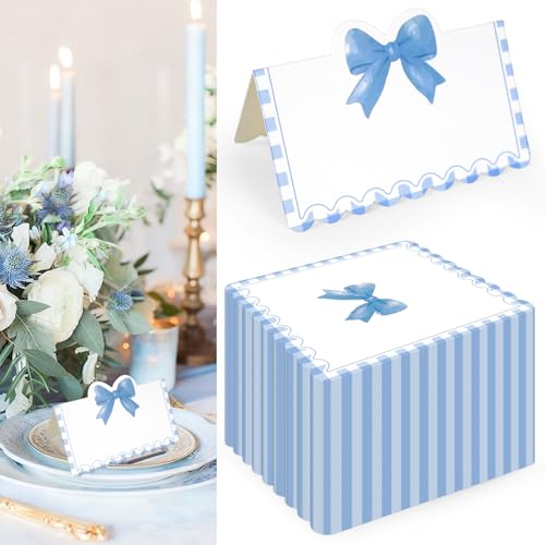 150 Pcs Blue Bow Place Cards Blue Gingham Party Decoration 3.5 x 2" Coquette Tented Name Cards with Scalloped Edge Cute Blank Seating Card for Baby Shower Birthday Wedding Party Table Setting Supplies