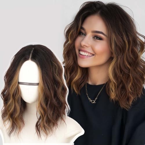 AISI HAIR 14 Inch Brown Chestnut Highlight Wigs for Women