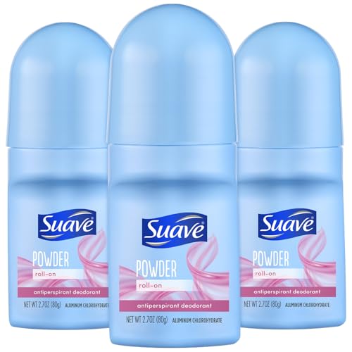 Suave Roll-On Deodorant for Women, Powder Fresh Scent, 3-Pack – Antiperspirant Deodorant with 24H Sweat & Odor Protection, 2.7 Oz Ea