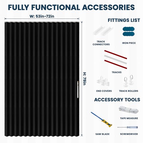 Image of AJAZZ 100% Blackout Sliding Door Curtains for Doorways, Accordion Doors for Doorway, Magnetic Door Curtain for Bedroom Living Room Doorway Curtain Sets Included Tracks (1 Pack, 72W x 79 L, Black)