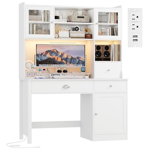 FACBOTALL Computer Desk with Hutch and RGB Lights, 65' Office Desk with Power Outlet, Makeup Vanity with 3 Doors & 3 Drawers, White Executive Desks for Home, Work and Study