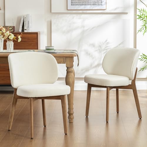 Image of YOUNIKE Dining Chairs Set of 2 Modern Kitchen Dining Room Chairs Beige | Chenille Fabric Upholstered Armless Side Accent Chair with Back Wide Padded Seat Wooden Leg, Soft, Breathable, Comfortable