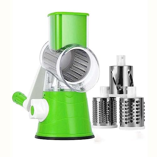 Rotary Cheese Grater Vegetable Slicer 3-in-1 Multifunctional Kitchen Food Cutter with Replaceable Drum Blades - Safe BPA Free - Salad Maker, Vegetable Grater, Kitchen Chopper, Shredder (Green)