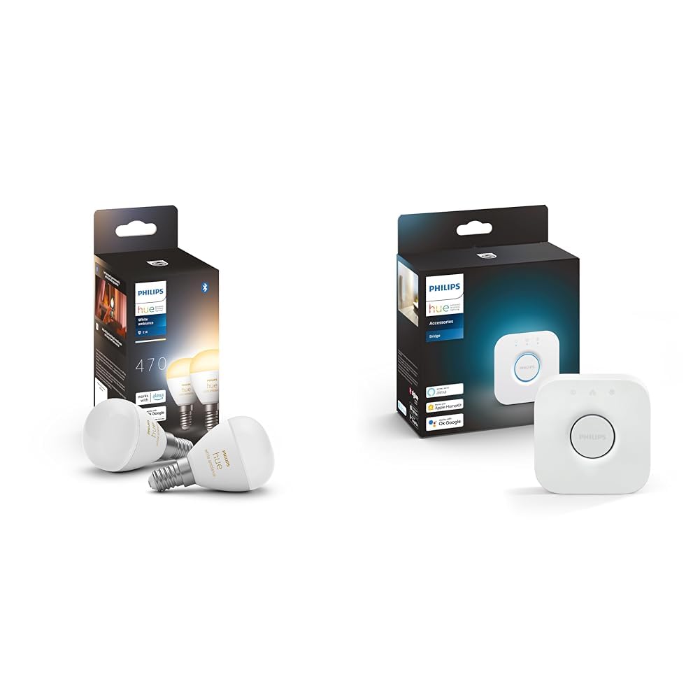 Philips Hue White ambiance, ampoule LED connectée sphérique compatible Bluetooth, E14 & Bridge 2.0 : Hub Central de Contrôle d'Éclairage Intelligent, fonctionne avec Alexa