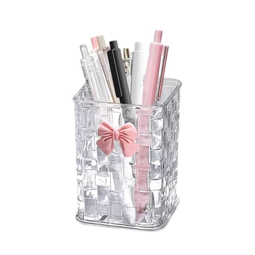 BellaBlend Acryl Stiftehalter per Scrivania, Chiaro Organizer per Penne Bicchiere Portatrucchi con Decorazione Fiocchi, Accessori Scolastici per Insegnanti, Idea Regalo (Trasparente)