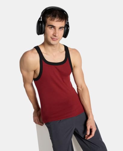 Image of Jockey US27 Men Super Combed Cotton Rib Square Neck Gym Vest Pomegranate Melange & Black XXL