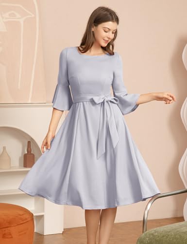 Image of HomRain Women's Church Dresses Modest Bell Sleeve Wedding Guest Cocktail Tea Party Vintage Evening Dress