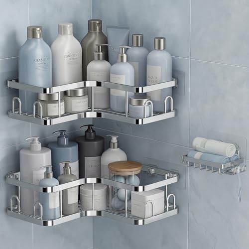 Image of Veken Corner Shower Caddy 3-Pack, Advanced Rustproof Design&Stable Storage | No Drilling Adhesive Shelves, Rack with Soap Holder & Hooks, Thickened Metal Frame, Bathroom Organizers and Storage, Silver