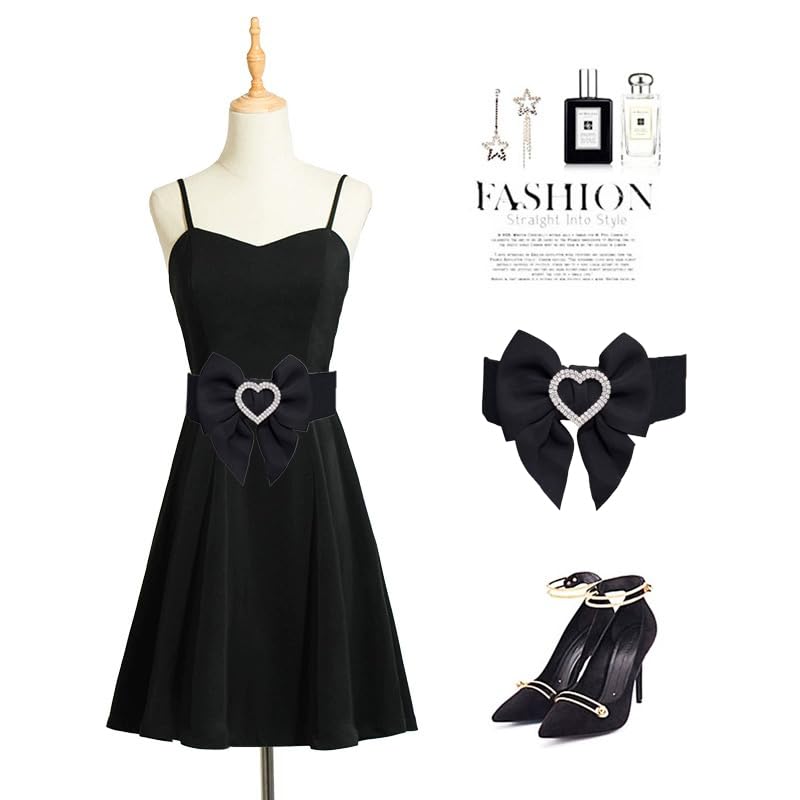 Women's Heart-Shaped Rhinestone Belt, Elastic Stretch Waist Belt, Wide Bow Design for Dress and Jeans2