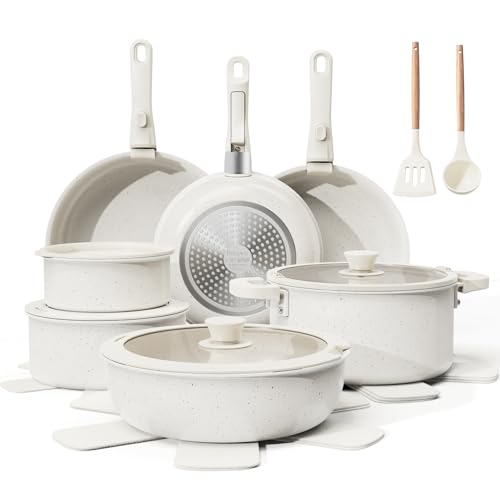 Comparison: Best Pots With Removable Handle 9 Bazova 22-Piece Pots and Pans Set Non Stick with Removable Handles, Ceramic Cookware Set, Large-Capacity & Non Toxic, Induction & RV Compatible, Dishwasher Safe, PFAS/PTFE/PFOA Free, White
