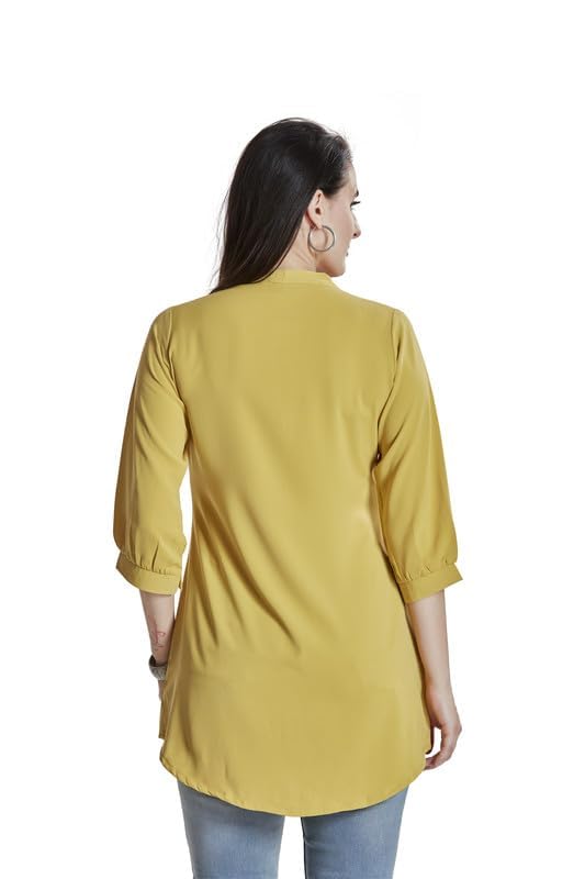 Image of nioni Women's Purple Poly Linen Blend Tunic Top with 3 /4 Sleeves, Printed Yoke, Kantha Stitch Detailing & Mandarin Collar