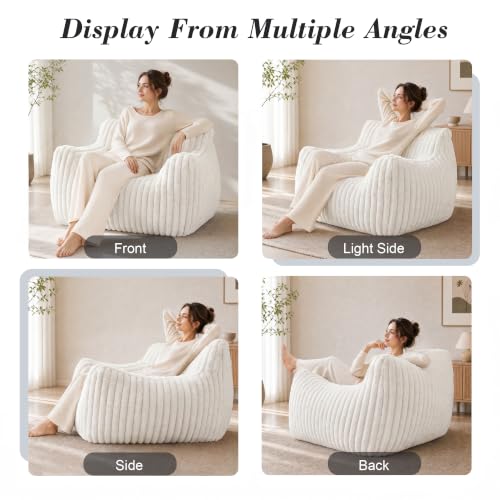 LaoGeoRon Giant Bean Bag Chairs for Adults, Large Plush Bean Bag Chair with Armrests and Side-Pocket, Living Room Beanbag Chair with Memory Foam Filled, Vacuum-Compressed for Easy Gifting, White - Image 4