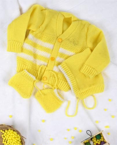 Image of Baby'S Infants Woollen V-Neck Set /Babies Woolen Sweater(Yellow, 3 To 6 Months) 3 Pcs Set