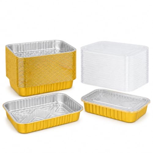 JARDLITE 20 Pack 11"×8"×2" Gold Aluminum Foil Pans with Lids Heavy Duty, 5 LB Foil Food Containers with Lids, Disposable Tin Foil Pans for Baking, Meal Prep, Freezer, Heating and Takeout