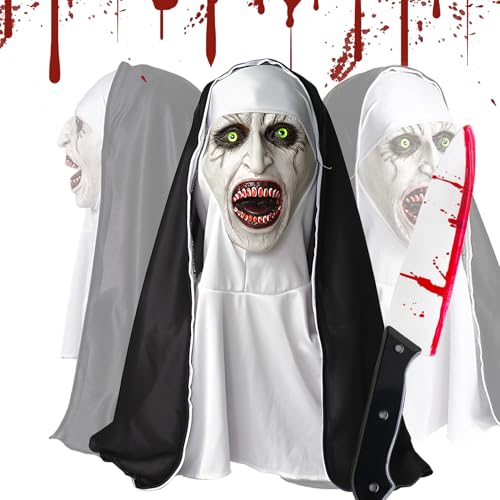 Máscara de Halloween de freira, máscaras de terror de Halloween com faca de brinquedo, máscara de látex assustadora para Halloween, fantasia de freira de terror para Halloween, cosplay, festa