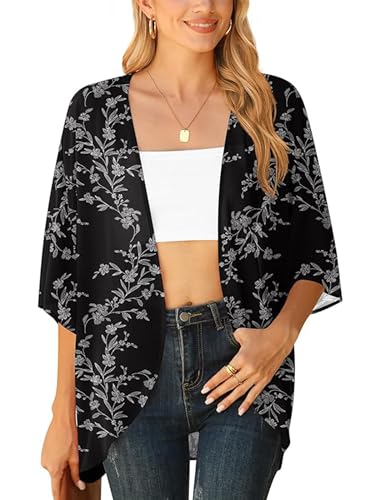 YGJIEGENG Boho Tops for Women Summer Women's Floral Print Sheer Chiffon Kimono Cardigan Open-Front Batwing Sleeve Beach Bikini Cover Up Cape,Black Leaves, M