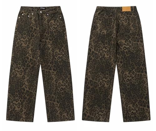 Unisex Y2k Leopard Print Jeans Oversized Wide Leg Pants Grunge Pants Streetwear Pants Baggy Jeans 2000s Leopard Pants2