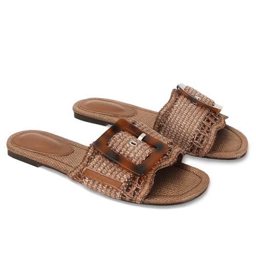 Raffia Sandals for Women Buckle Straw flats Woven Braided Rattan Slides Summer Beach Sandals Comfort Cute Shoes