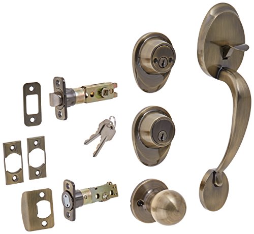 Ultra Hardware 45028 Cheltenham Entry and Double Cylinder Deadbolt Antique Brass Handle Set Kw1
