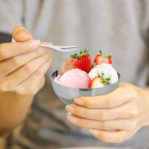 Image of DOITOOL Stainless Steel Dessert Cups, 3-Pack Ice Cream Bowls with Forks, 6.8 Oz Round Short-Footed Serving Cups, Hot Cold Food Container for Fruits Dish Salad Snack Yogurt Appetizer (Silver)