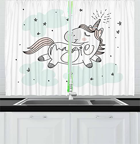 Lunarable Cartoon Long Kitchen Curtains, Sketch Animal with Star Filled Background with Magic Lettering, 2 Panel Set Drapes with Rod Pocket Room Decor, 55