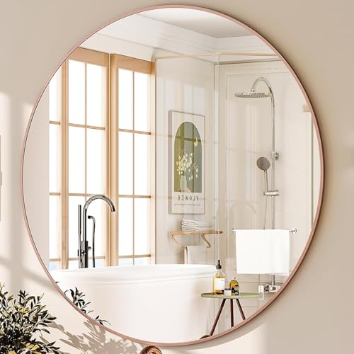 Genjitsu 鏡 壁掛けミラー 丸鏡 壁掛け鏡 洗面台 鏡 壁 洗面鏡 浴室 玄関 洗面所 鏡 化粧鏡 かがみ 円形 鏡 壁掛け 丸(ローズゴールド色,直径40cm)