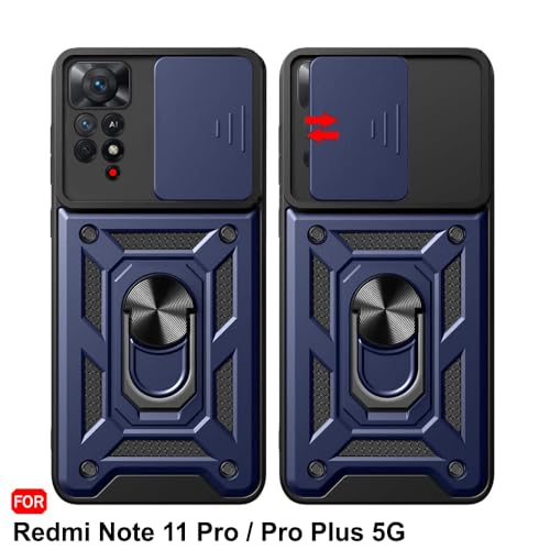 Image of TheGiftKart Tough Armor Bumper Back Cover Case for Mi Redmi Note 11 Pro /Pro Plus 5G | Kickstand & Ring Holder | 360 Degree Protection Back Cover Case (PC & TPU, Sliding Camera Cover, Blue)