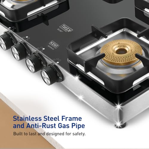 Image of KENT Avion Gas Stove 4 Burner SQ | Toughened Glass Top 8mm |SABAF Italian Gas Valve | Forged Brass Burner | Metallic Knob |Heat Resistance Coating |Cleaning Stand | LPG /PNG Compatible|5Yr Warranty