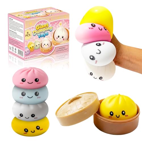 4 Pcs Dumpling Toy Squishy Pack with Food Steamer, Cute Big Squishy Dumpling Stress Ball Fidget Sensory Toy, Easter Basket Stuffers Stocking Stuffers, Soft TPR Desk Toys for Kids Adults Stress Relief