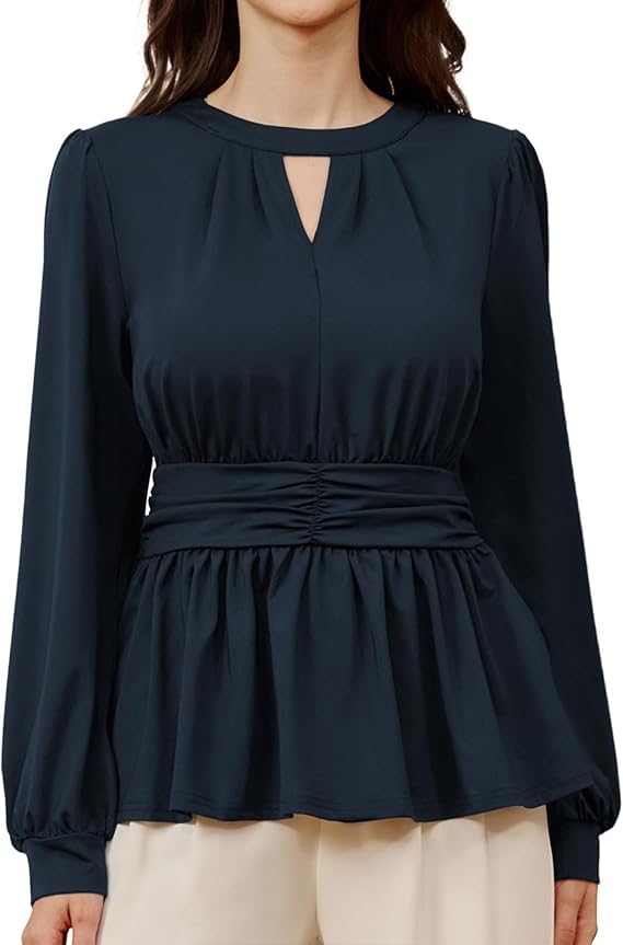 Belle Poque Schößchen-Tops für Damen Langärmelig Rundhalsausschnitt Schlüsselloch Rüschensaum Blusen Gesmokt Elegante Hemden