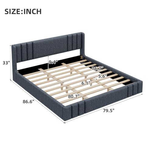 Image of Harper & Bright Designs King Size Low Platform Bed with Upholstered Headboard and Wooden Slats Support for Bedroom, Gray