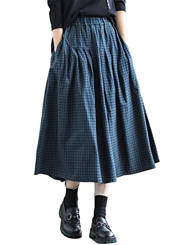 Robe en coton et lin superieur coupe retro a carreaux taille haute bleue 48