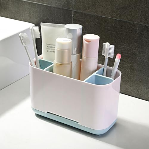 Image of LUXART Toothbrush Holder | Multipurpose Bathroom Organizer with Drainage System | 17.5 x 9 x 11.5 cm White & Blue Large Capacity Caddy for Electric Toothbrushes Toothpaste and Skincare Accessories