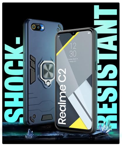 Image of WOW IMAGINE Shock Proof Back Case Mobile Cover for Realme C2 | Back Cover Case (Tough Armor | Hybrid PC + TPU | Ring Holder & in-Built Kickstand | Blue)