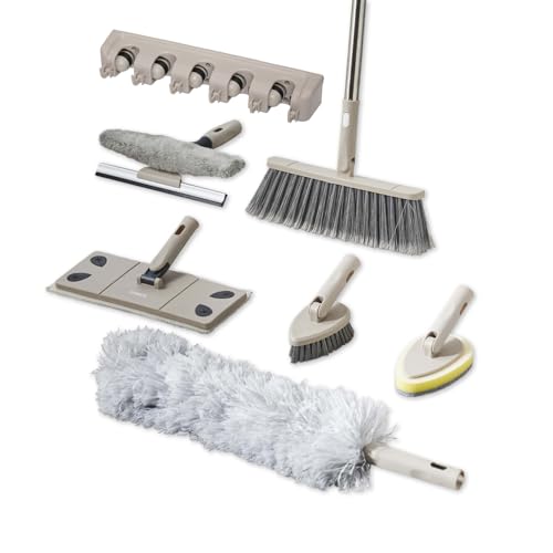 Tower Cavaletto 8 Piece Cleaning & Storage Set with Three Part Handle, Flat Mop Head, Broom Head, Microfibre Duster, Window, Tile, Scrubbing & Wall Holder, Latte