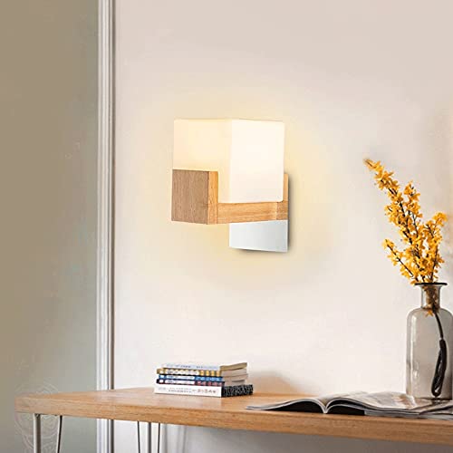 Aplique de pared E27 de madera con pantalla de vidrio mate 4