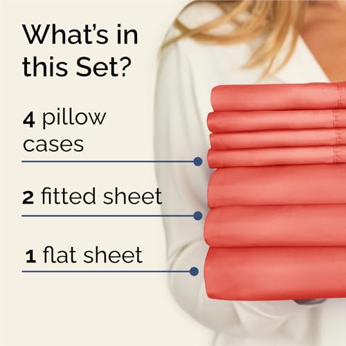 Image of Split King 7 Piece Bed Sheet Set - Comfy, Breathable & Cooling - Coral | Ultra-Soft Hotel Luxury Bedding Set w / 8-16 Inch Deep Pockets, 1 Flat & 2 Fitted Sheet & 4 Pillowcases, Wrinkle & Fade Free