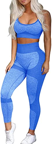 OLCHEE Women’s Workout Sets 2 Piece - Seamless Yoga Leggings and Cross-Strap Sports Bra Gym Outfits Activewear Matching Set - Blue X-Large