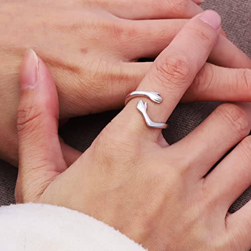Hug Ring For Women Sterling-Silver Adjustable - White Gold Plated Hand Hugging Hug Rings For Teen Girl Women Mens Mom And Daughter Mother's Day Birthday Holiday Jewelry Gift 5-8# #TOP2