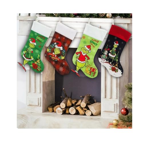Super Idee Set di 4 calze ispirate Grinch, stile unico, calze natalizie, 46 cm, grandi calze natalizie, camino, calze da appendere, per vacanze in famiglia, Natale, feste